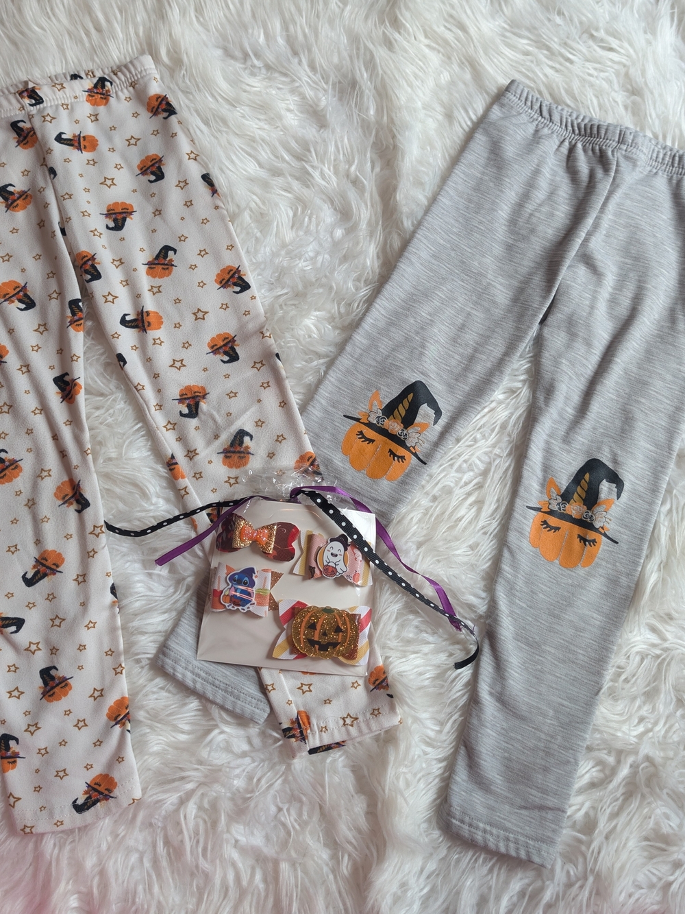 Halloween Pumpkin Leggings Duo for Kids And 4pc Nwt Hair Clips - Gray & Cream